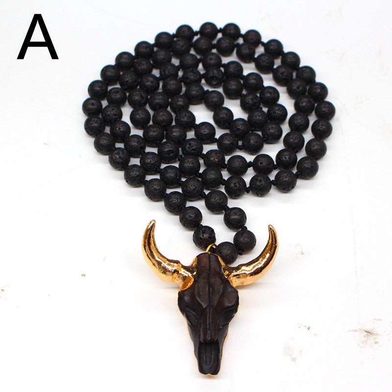 Picture Stone & Lava Bead Pendant Necklace – Plated Alloy Natural Stone Jewelry - Vintgedrifter