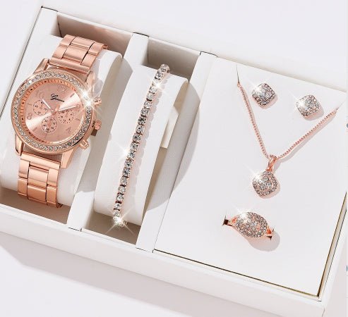 Rhinestone Jewelry Five-Piece Set – Watch, Bracelet, Necklace, Earrings & Ring | Gift Box - Vintgedrifter