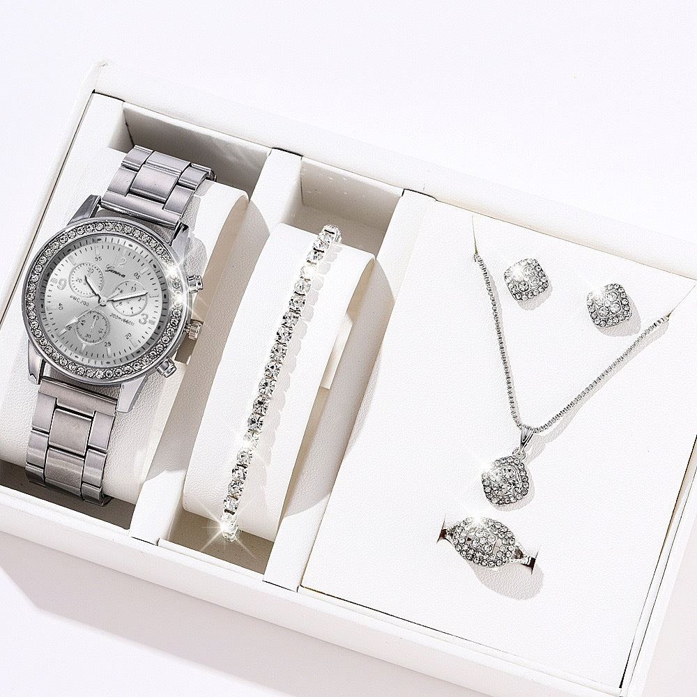 Rhinestone Jewelry Five-Piece Set – Watch, Bracelet, Necklace, Earrings & Ring | Gift Box - Vintgedrifter