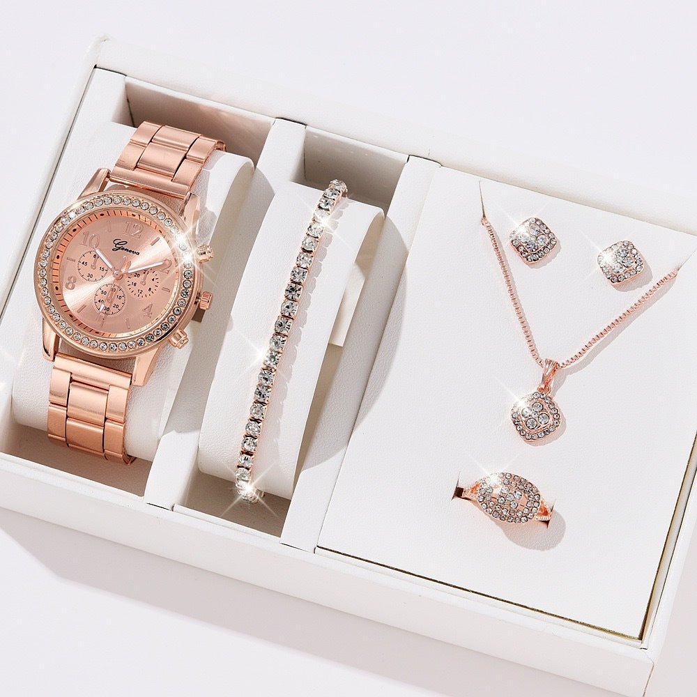 Rhinestone Jewelry Five-Piece Set – Watch, Bracelet, Necklace, Earrings & Ring | Gift Box - Vintgedrifter