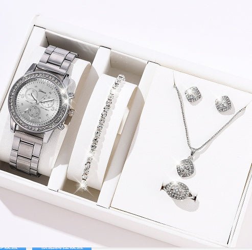 Rhinestone Jewelry Five-Piece Set – Watch, Bracelet, Necklace, Earrings & Ring | Gift Box - Vintgedrifter
