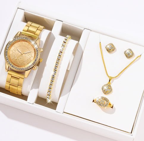 Rhinestone Jewelry Five-Piece Set – Watch, Bracelet, Necklace, Earrings & Ring | Gift Box - Vintgedrifter