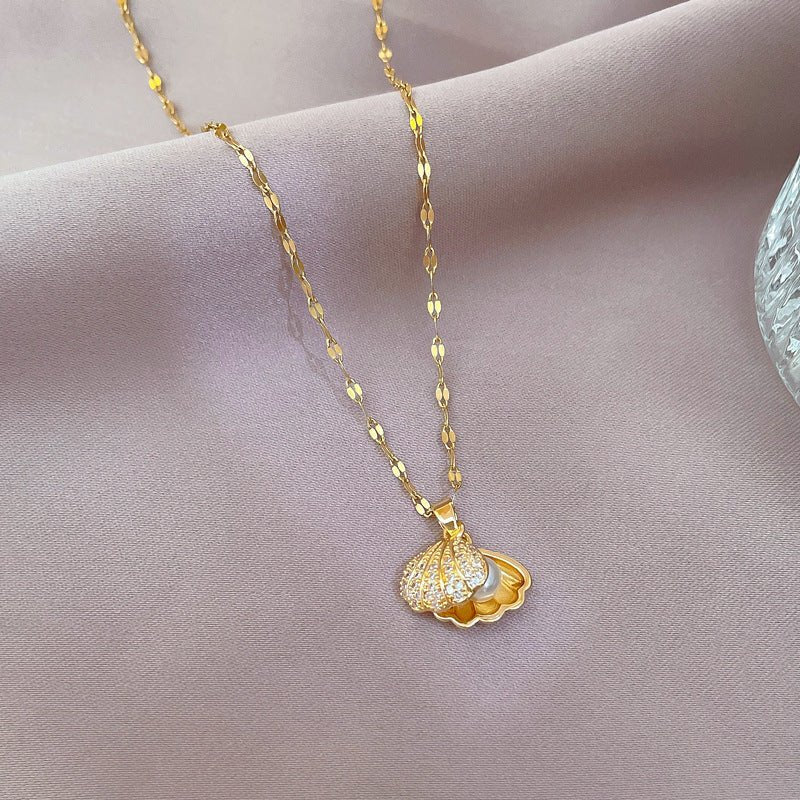 Shell Pearl Necklace With Rhinestones Female Zircon Temperament Personality Jewelry - Vintgedrifter