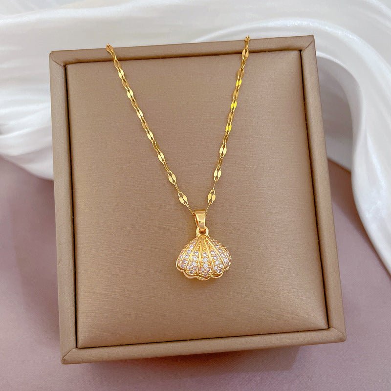 Shell Pearl Necklace With Rhinestones Female Zircon Temperament Personality Jewelry - Vintgedrifter
