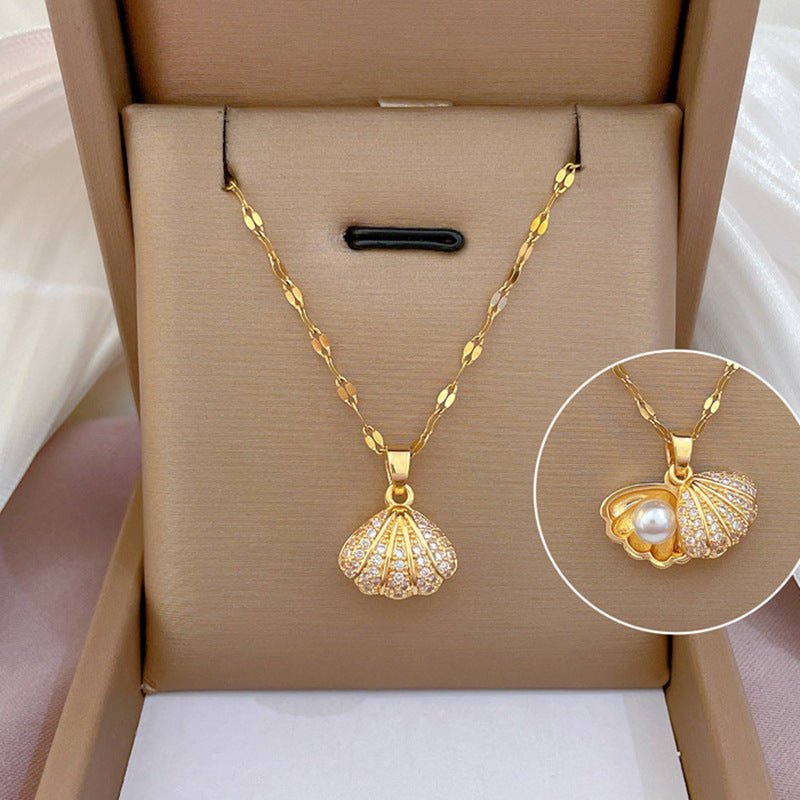 Shell Pearl Necklace With Rhinestones Female Zircon Temperament Personality Jewelry - Vintgedrifter