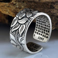 Thai Silver Black Lotus Heart Sutra Ring – Unisex Retro Geometric Ring - Vintgedrifter