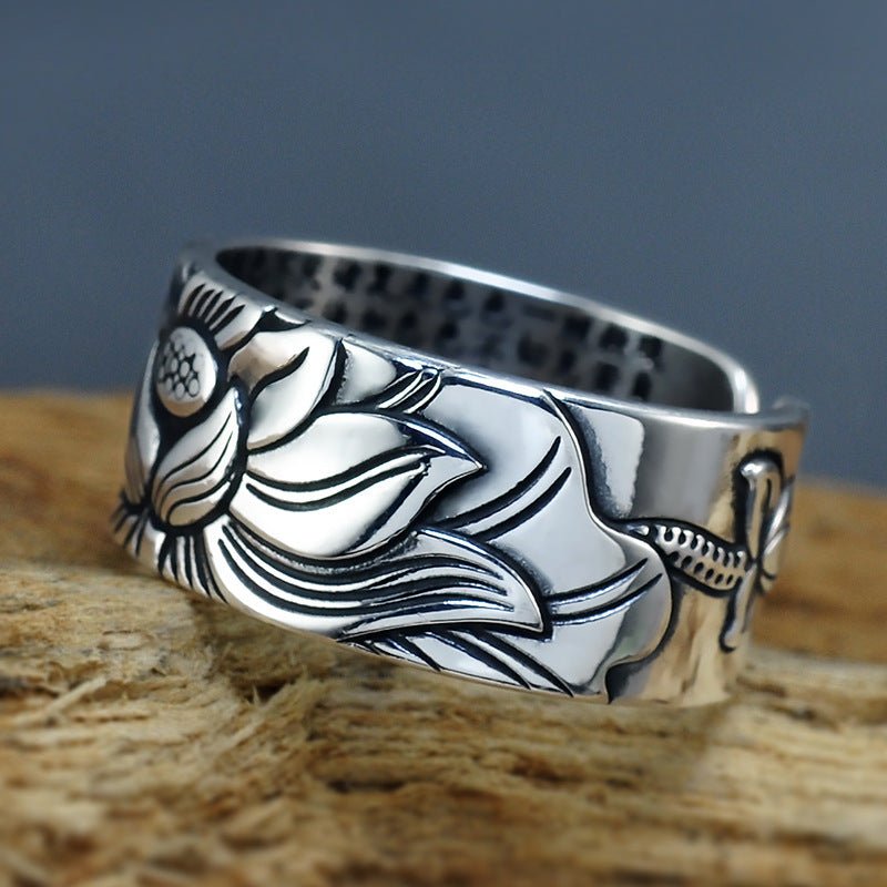 Thai Silver Black Lotus Heart Sutra Ring – Unisex Retro Geometric Ring - Vintgedrifter