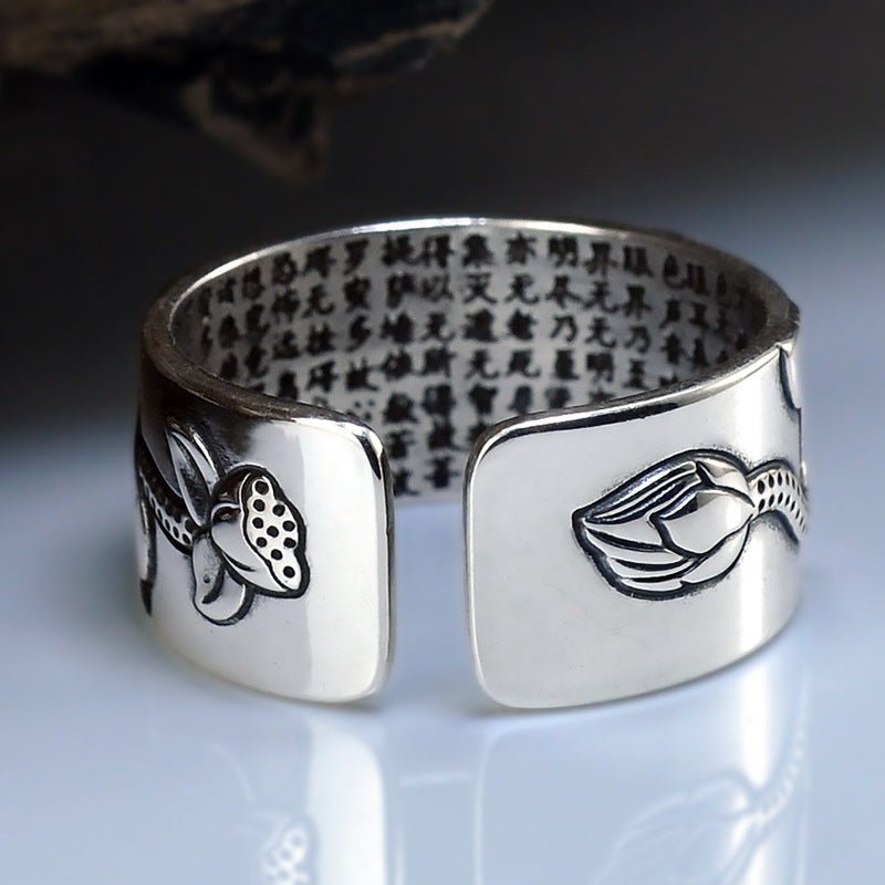 Thai Silver Black Lotus Heart Sutra Ring – Unisex Retro Geometric Ring - Vintgedrifter