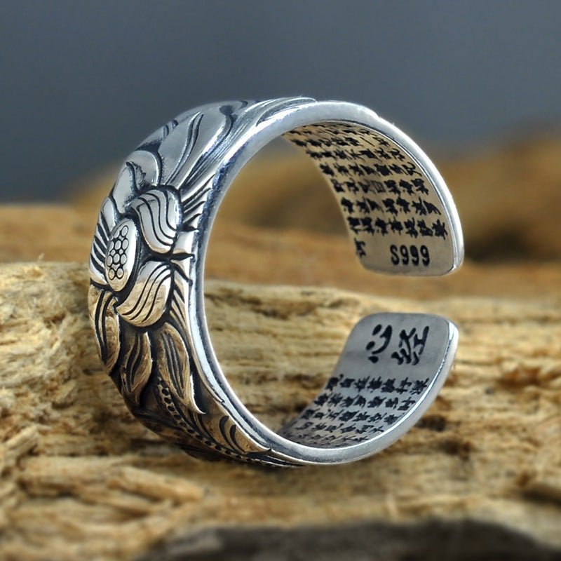 Thai Silver Black Lotus Heart Sutra Ring – Unisex Retro Geometric Ring - Vintgedrifter