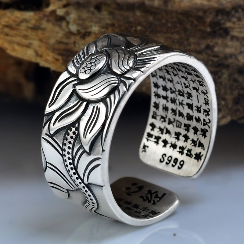 Thai Silver Black Lotus Heart Sutra Ring – Unisex Retro Geometric Ring - Vintgedrifter