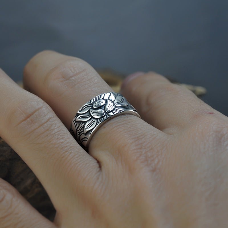 Thai Silver Black Lotus Heart Sutra Ring – Unisex Retro Geometric Ring - Vintgedrifter