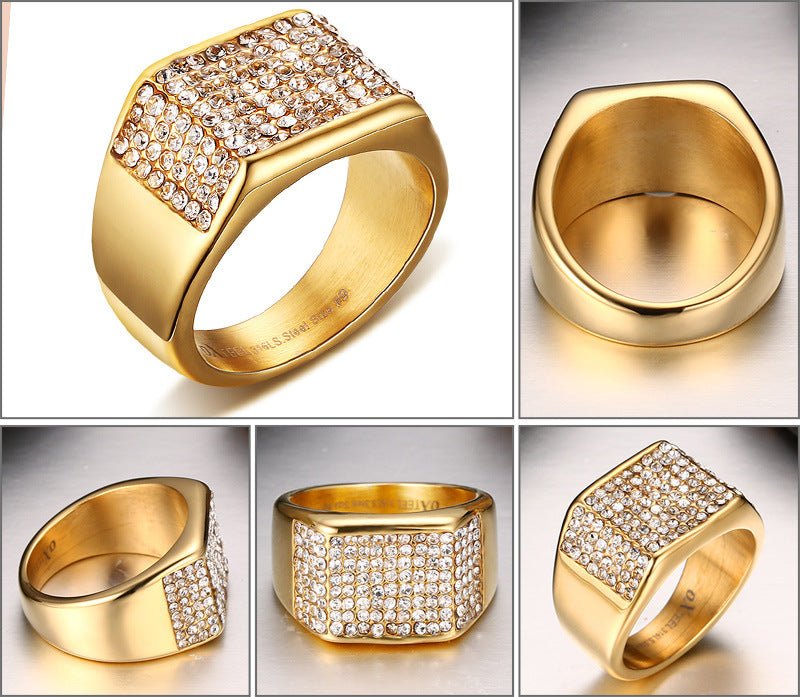 Titanium Steel Diamond Men's Ring – Geometric European Style | Sizes 7–12 - Vintgedrifter